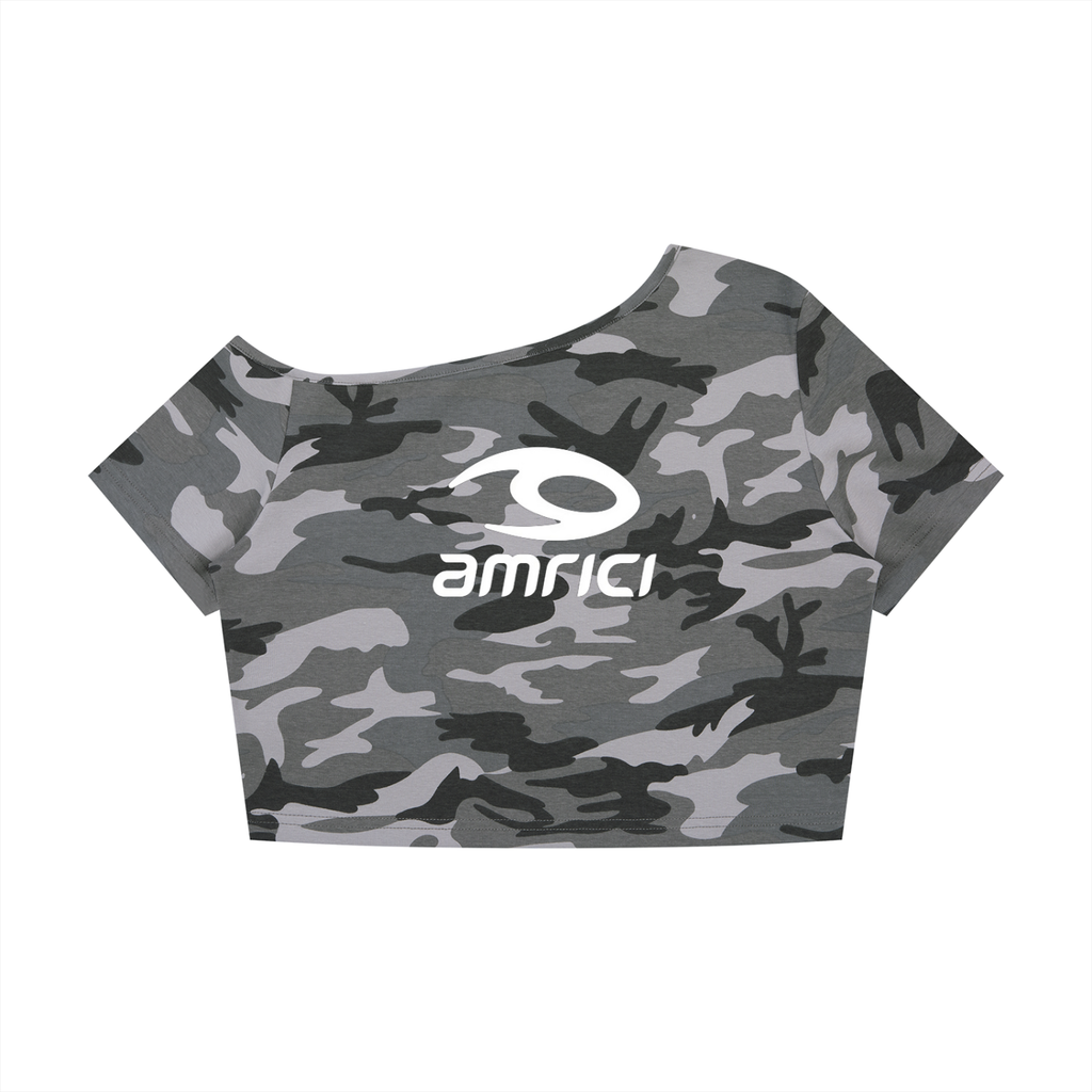 THE BLAST Women's Camo Off-Shoulder Crop T-Shirt