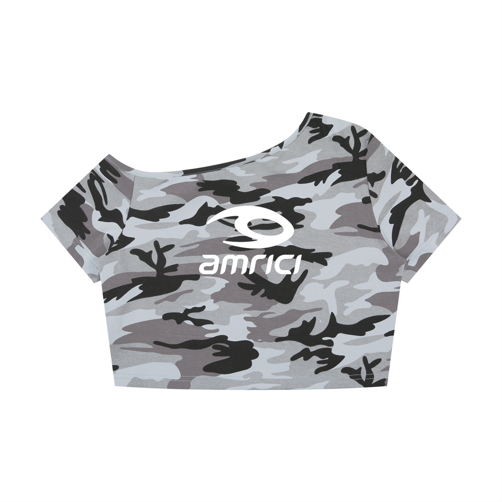 THE BLAST Women's Camo Off-Shoulder Crop T-Shirt