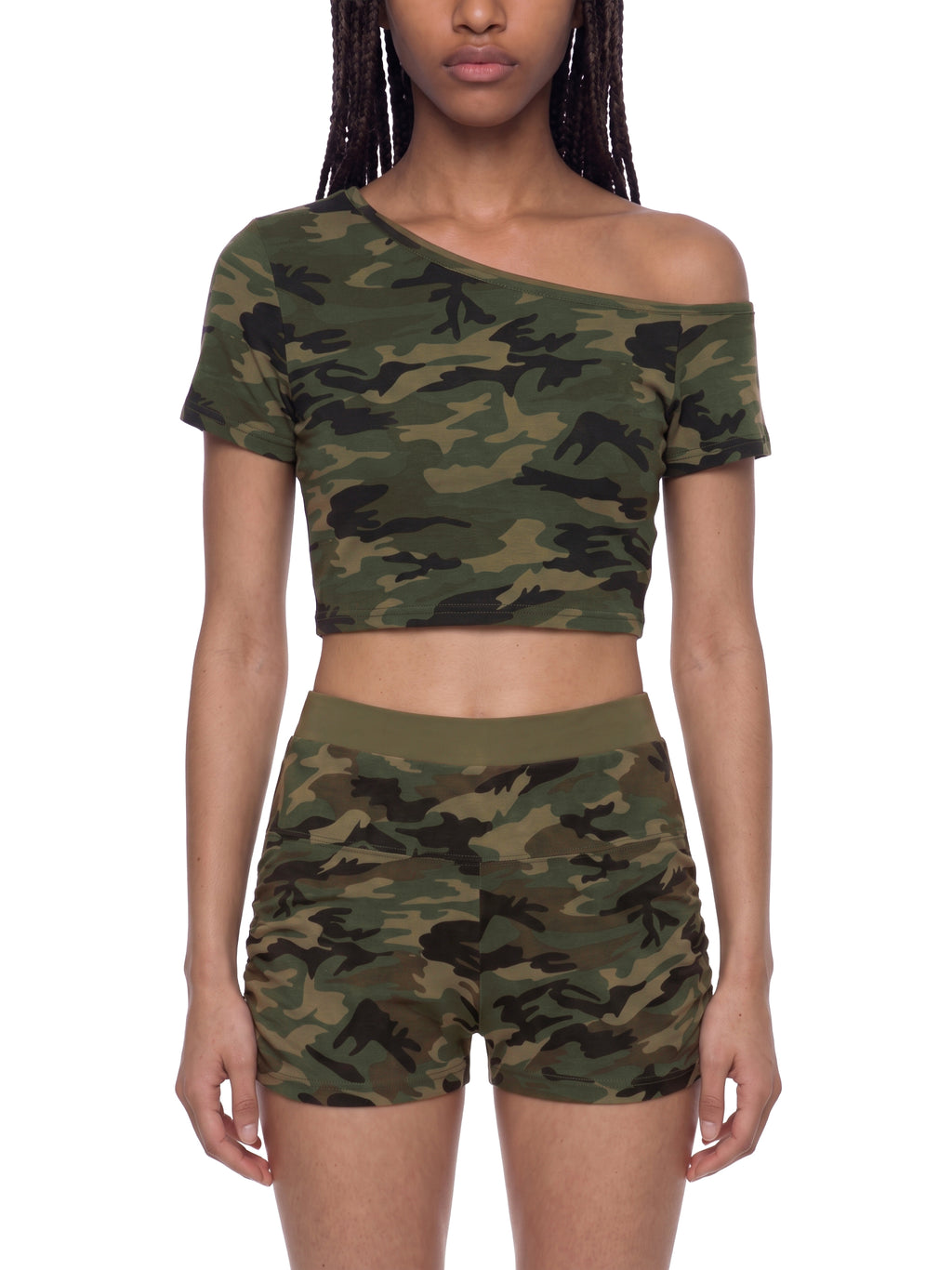 THE BLAST Women's Camo Off-Shoulder Crop T-Shirt